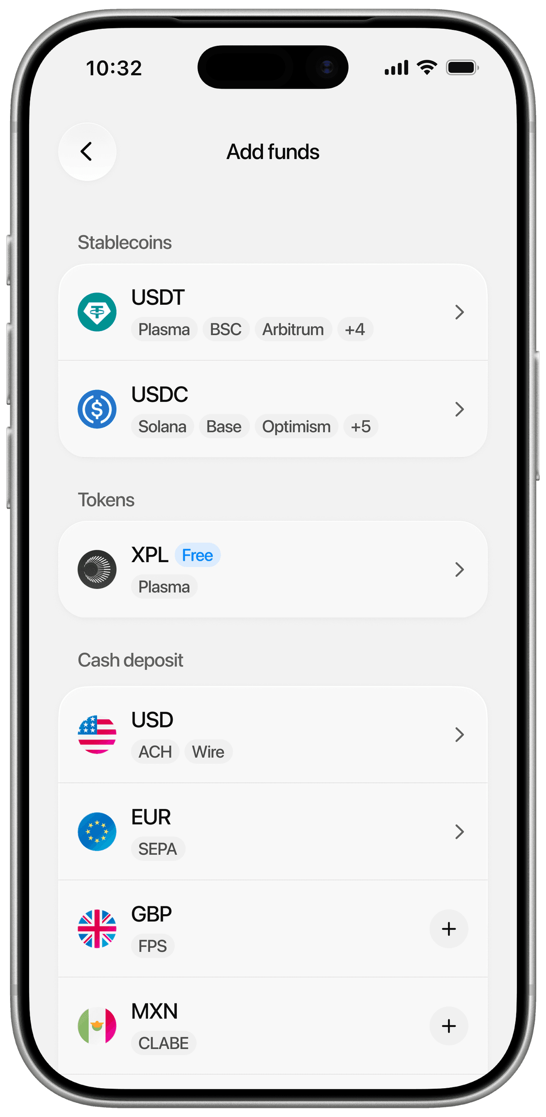Rally app showing supported local currency rails